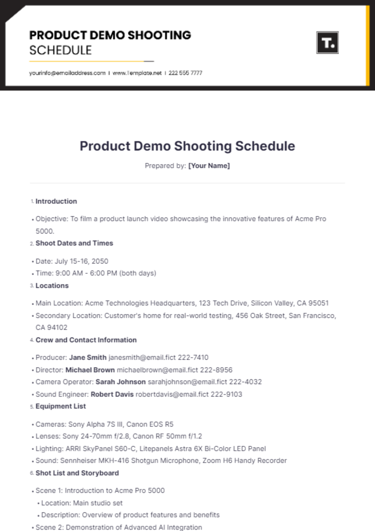 Product Demo Shooting Schedule Template - Edit Online & Download