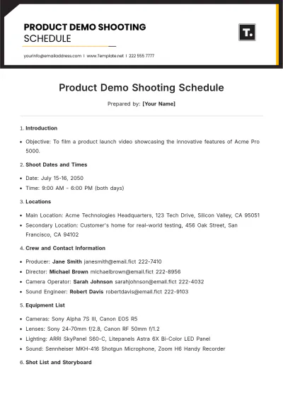 Free Product Demo Shooting Schedule Template to Edit Online