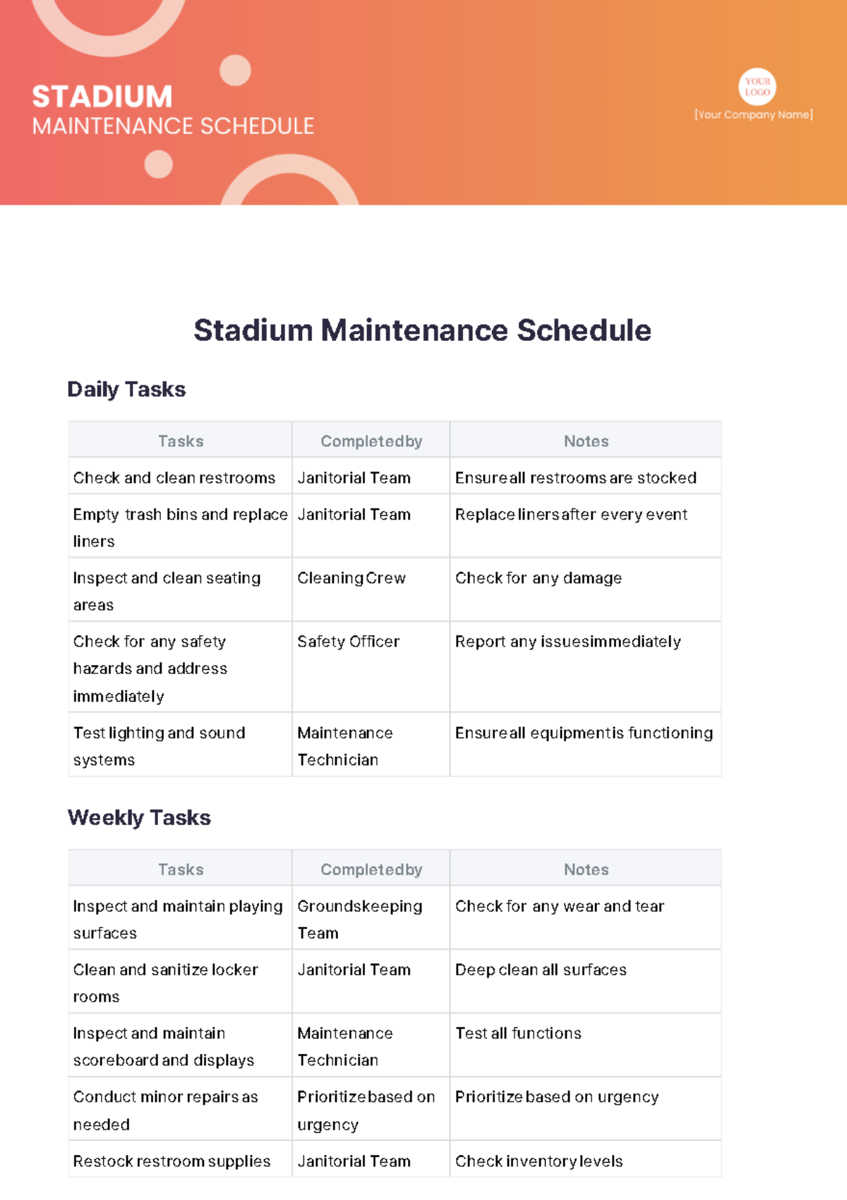 Stadium Maintenance Schedule Template - Edit Online & Download