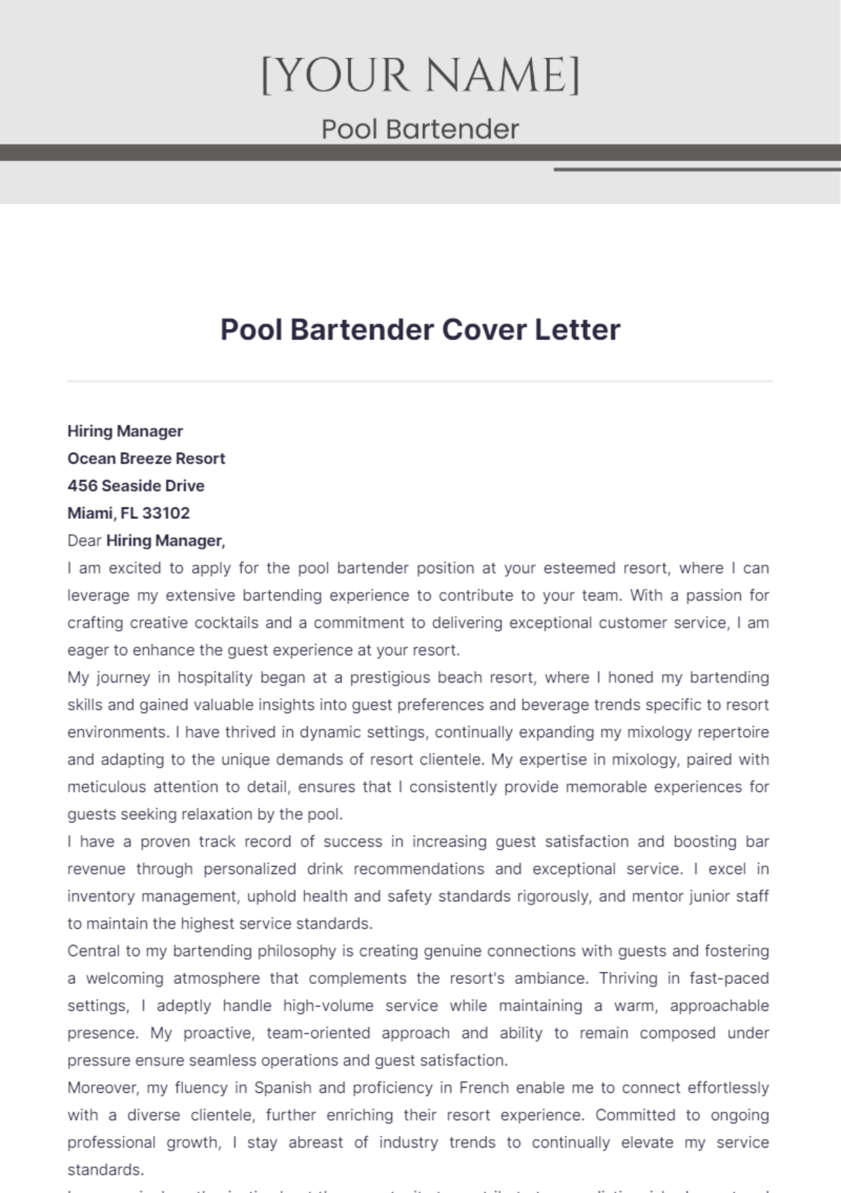 Pool Bartender Cover Letter