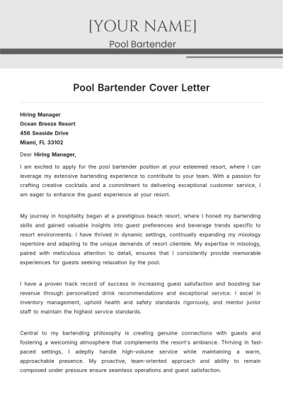 Free Pool Bartender Cover Letter to Edit Online