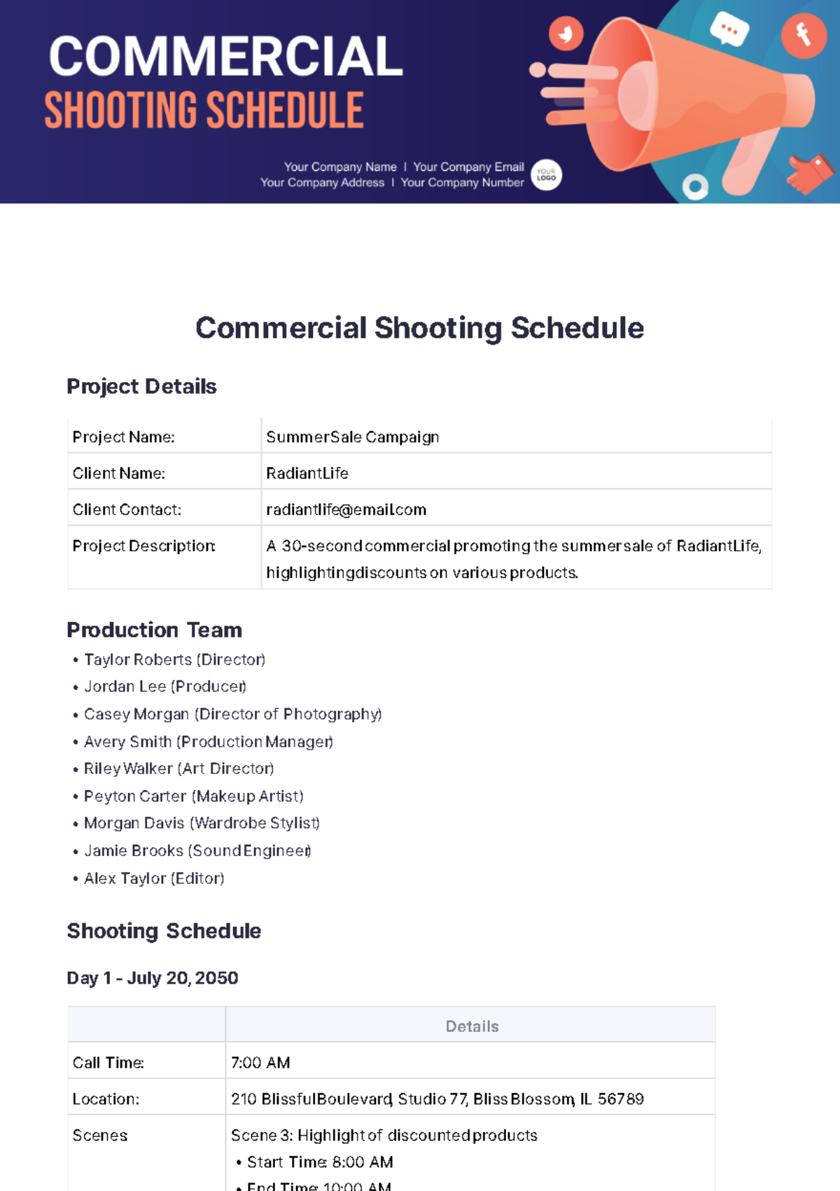 Commercial Shooting Schedule Template - Edit Online & Download