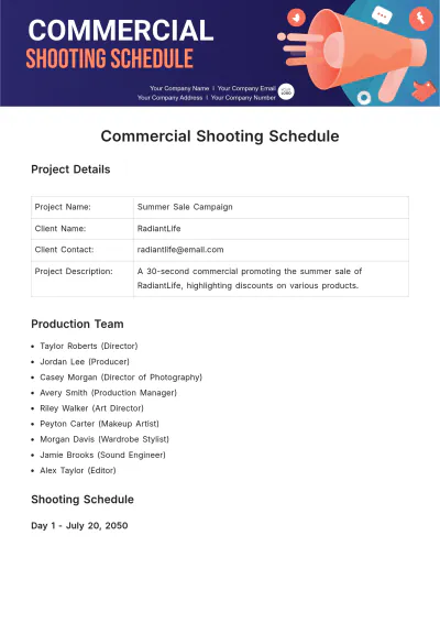 Free Commercial Shooting Schedule Template to Edit Online
