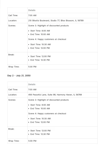 Free Commercial Shooting Schedule Template to Edit Online