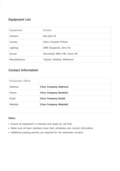 Free Commercial Shooting Schedule Template to Edit Online