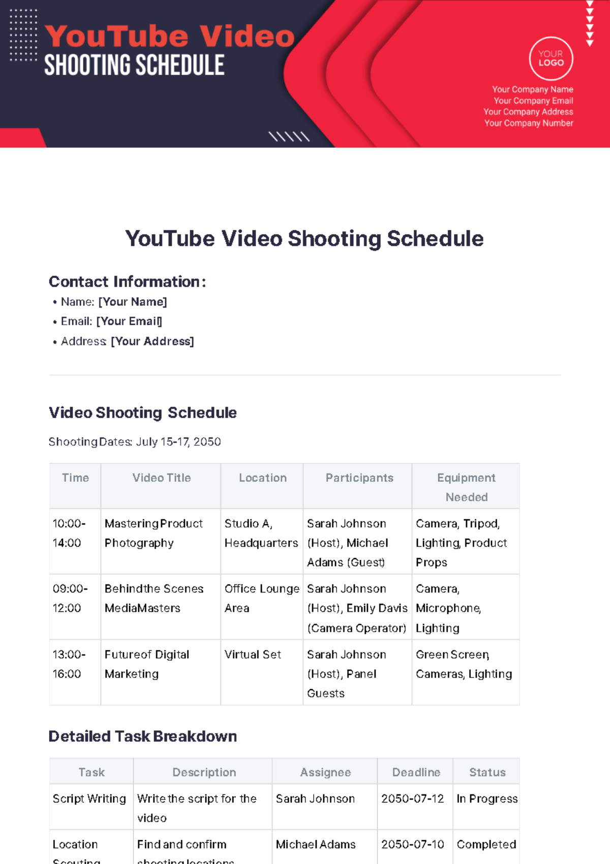 YouTube Video Shooting Schedule Template - Edit Online & Download