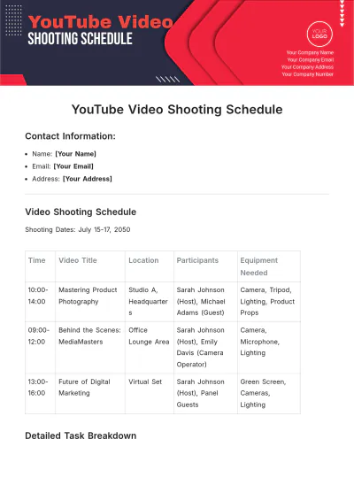 Free YouTube Video Shooting Schedule Template to Edit Online