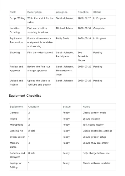 Free YouTube Video Shooting Schedule Template to Edit Online