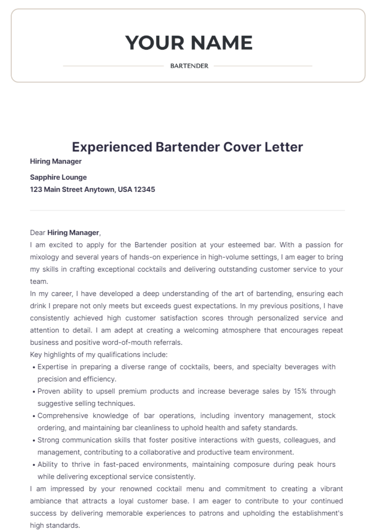 Experienced Bartender Cover Letter