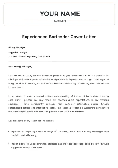 Free Experienced Bartender Cover Letter to Edit Online