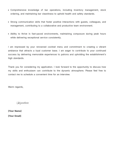 Free Experienced Bartender Cover Letter to Edit Online