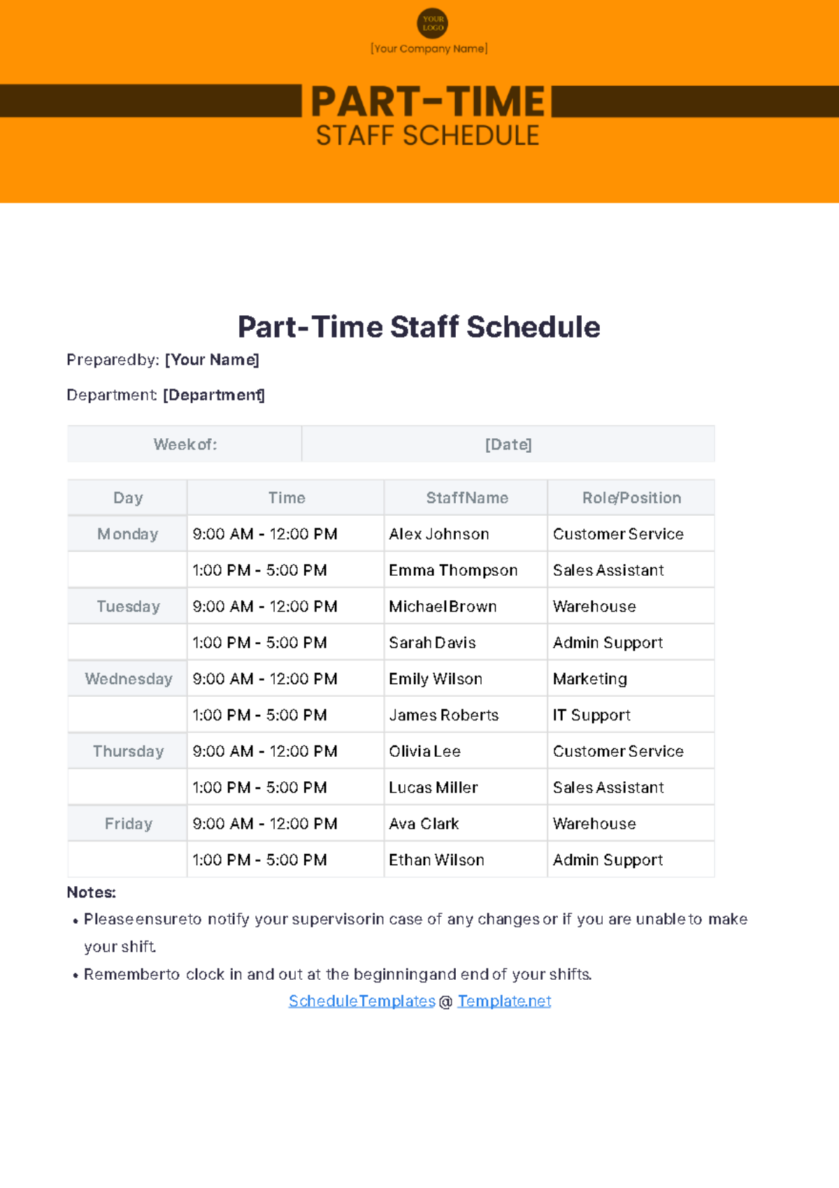 Part-Time Staff Schedule Template - Edit Online & Download