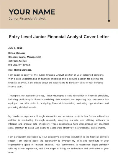 Free Entry Level Junior Financial Analyst Cover Letter to Edit Online