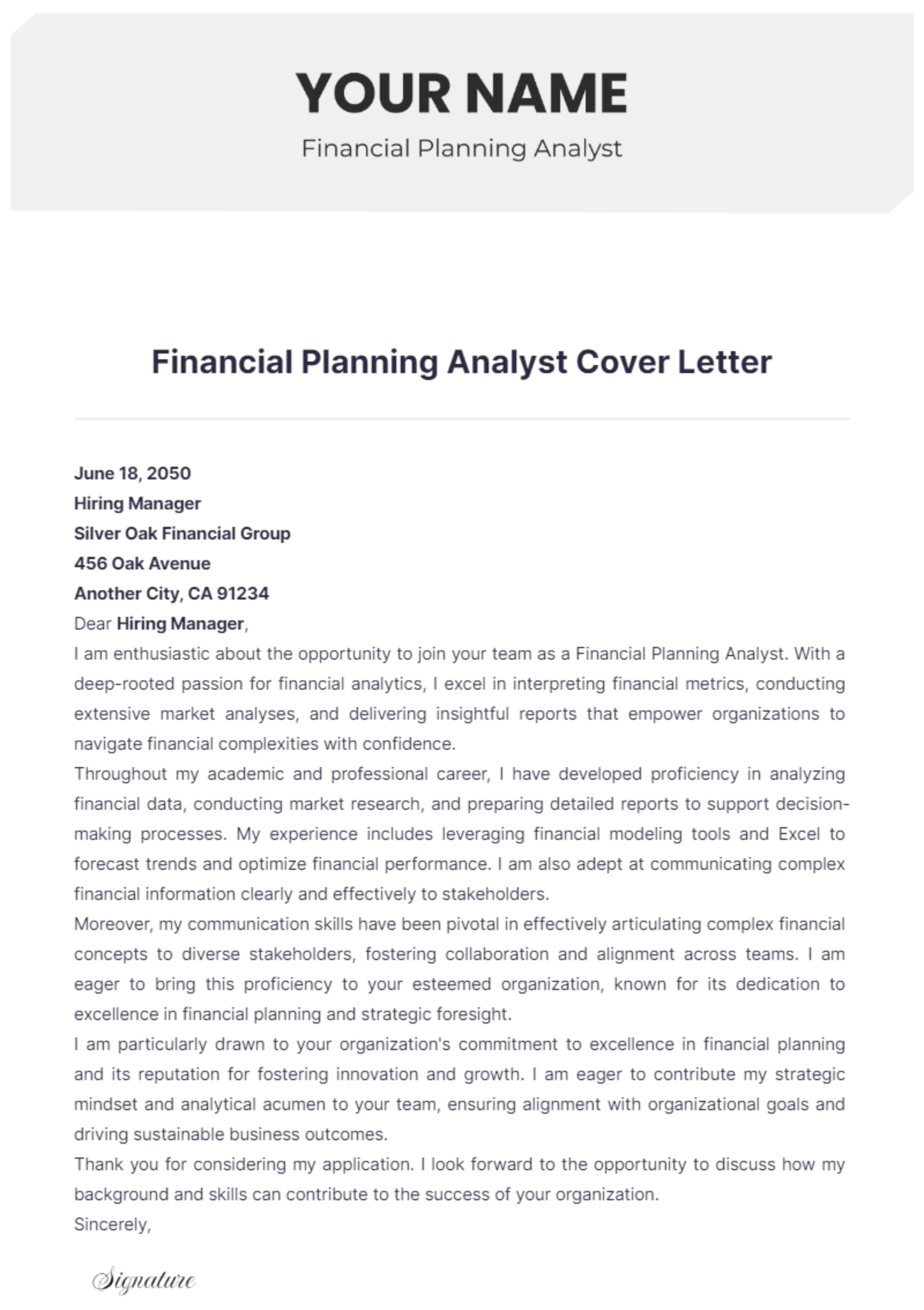 Financial Planning Analyst Cover Letter