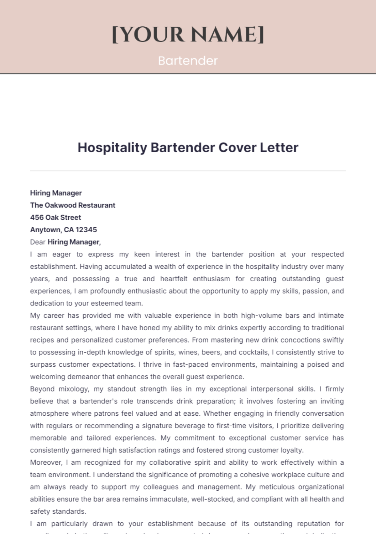 Hospitality Bartender Cover Letter