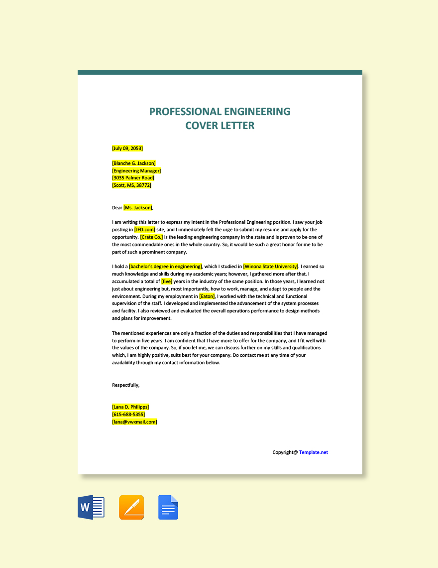 Free Professional Engineering Cover Letter in Word, Google Docs, PDF, Apple Pages