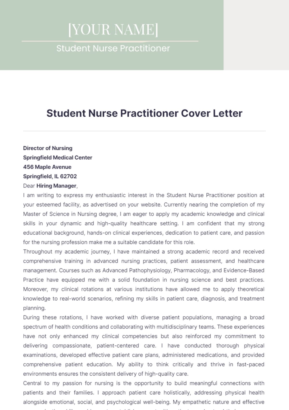 Free Student Nurse Practitioner Cover Letter Template to Edit Online