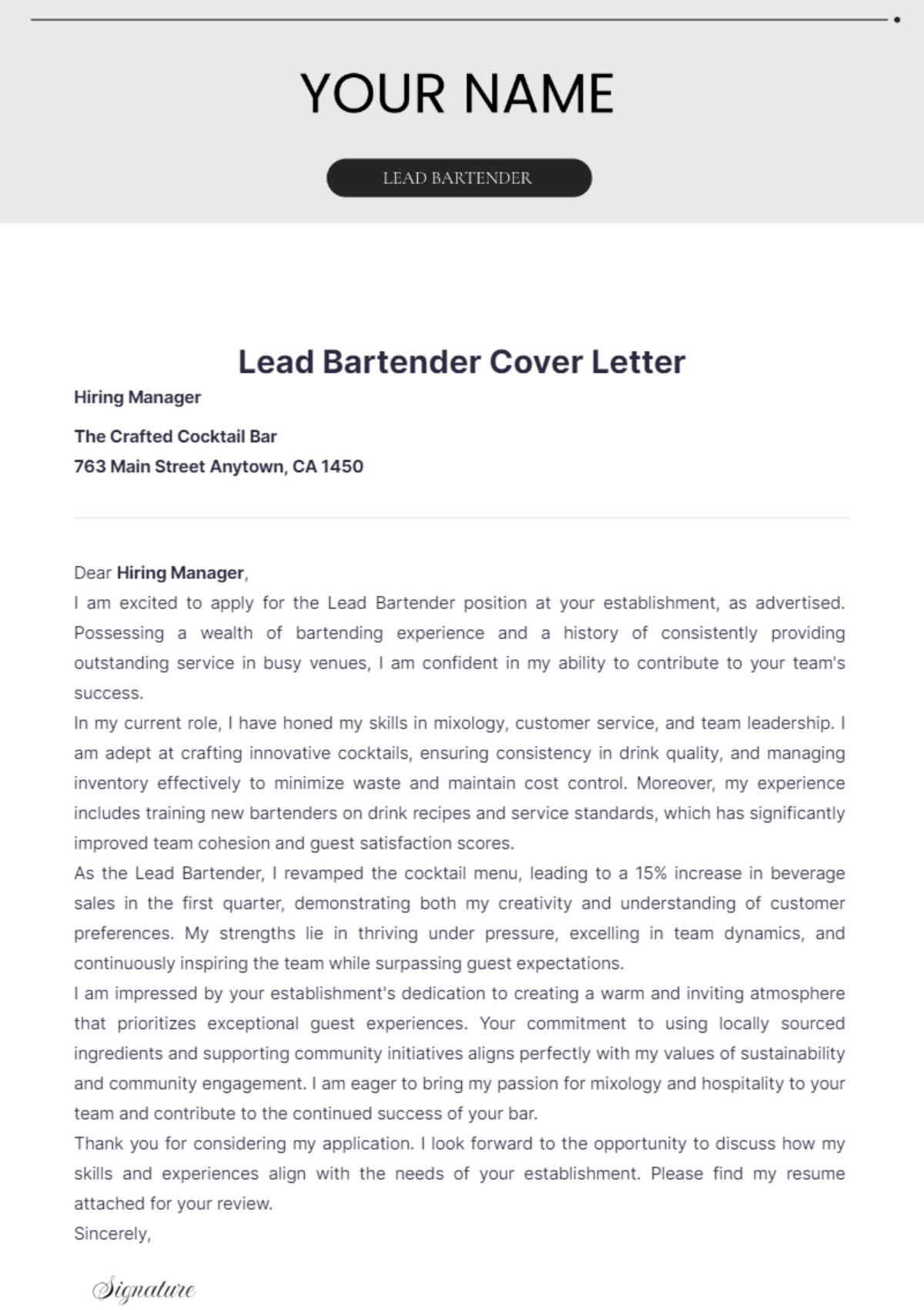 Lead Bartender Cover Letter