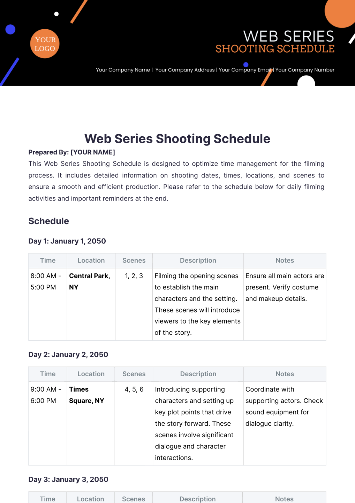 Web Series Shooting Schedule Template - Edit Online & Download