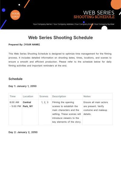Free Web Series Shooting Schedule Template to Edit Online