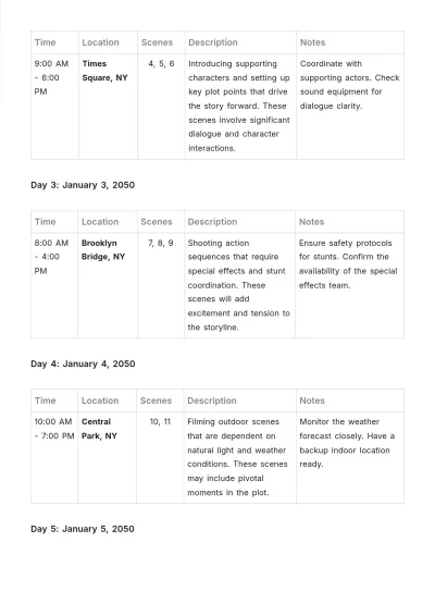 Free Web Series Shooting Schedule Template to Edit Online