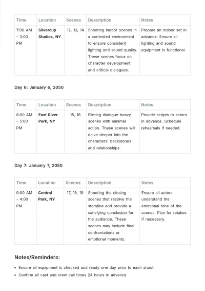 Free Web Series Shooting Schedule Template to Edit Online