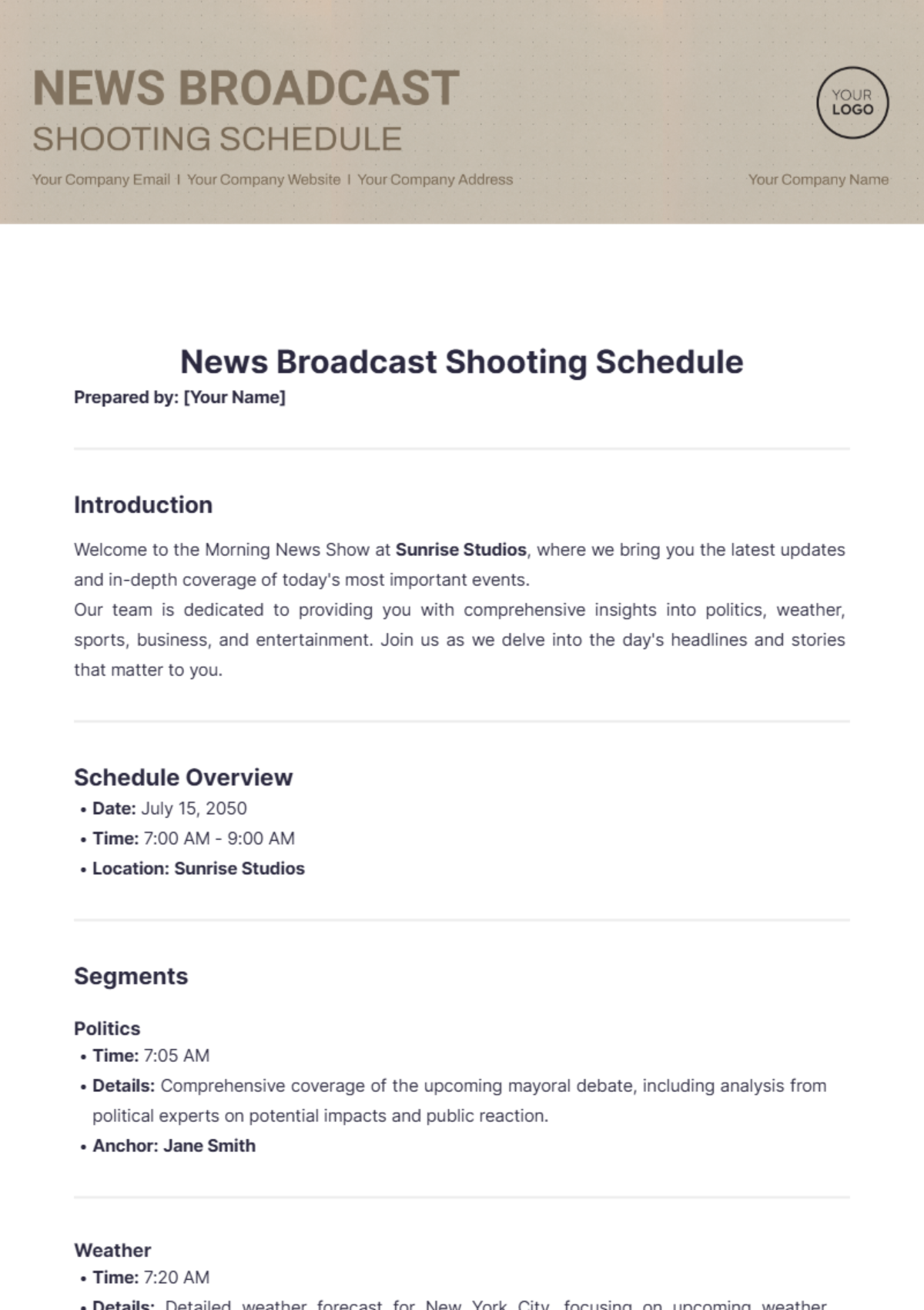 News Broadcast Shooting Schedule Template - Edit Online & Download