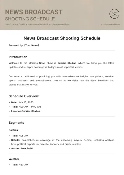 Free News Broadcast Shooting Schedule Template to Edit Online