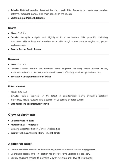 Free News Broadcast Shooting Schedule Template to Edit Online