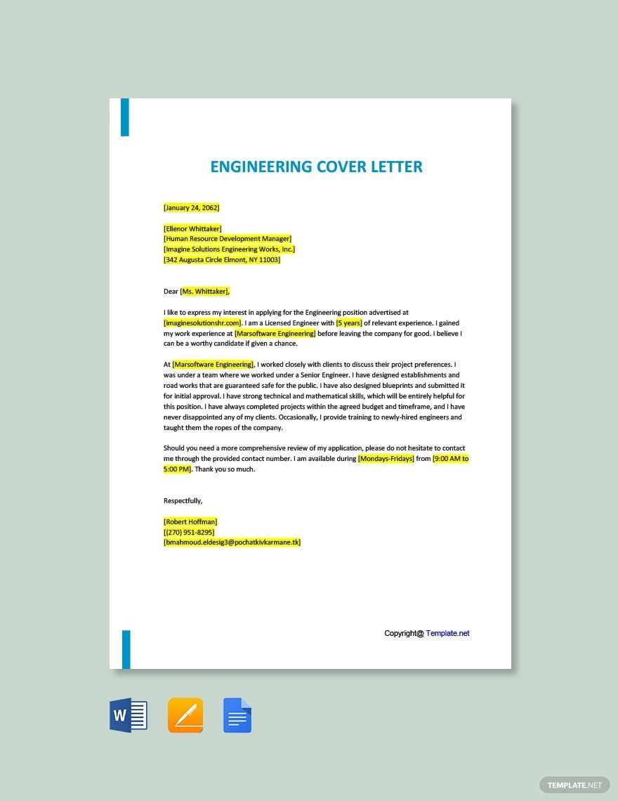 Sample Engineering Cover Letter in Word, Google Docs, Apple Pages