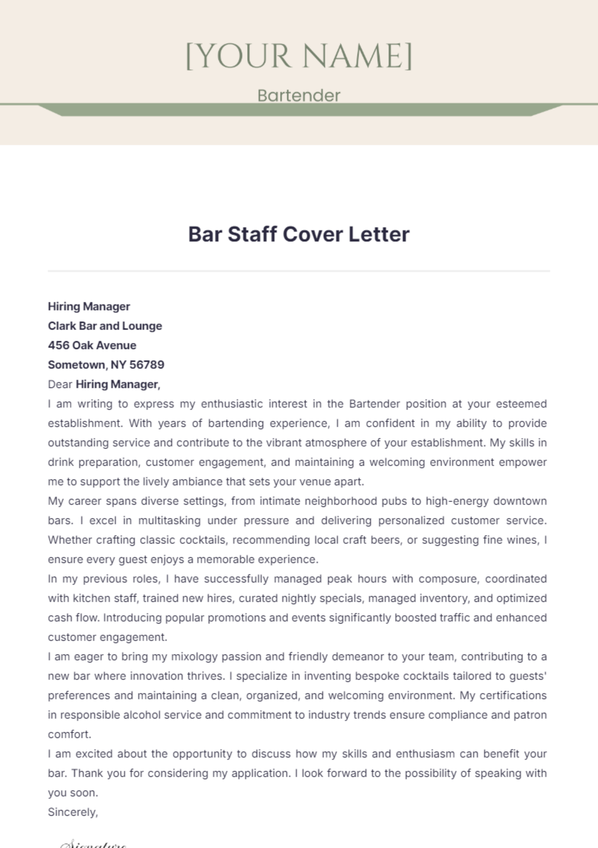 Bar Staff Cover Letter