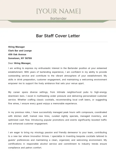Free Bar Staff Cover Letter to Edit Online