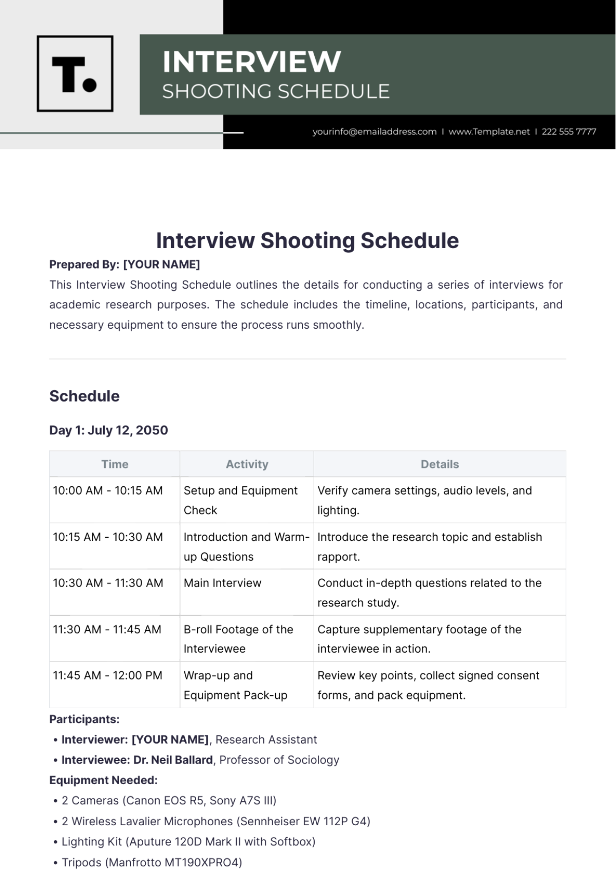 Interview Shooting Schedule Template - Edit Online & Download