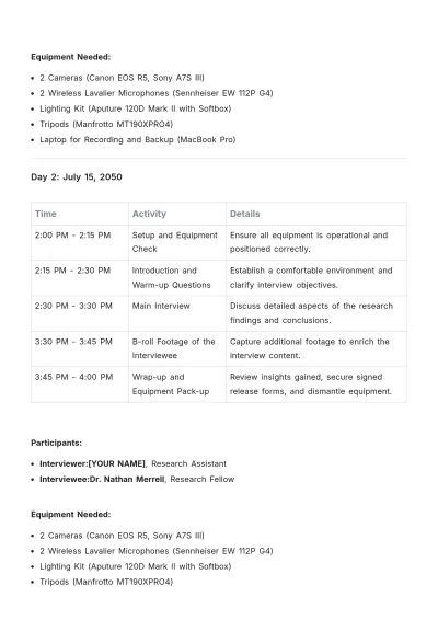 Free Interview Shooting Schedule Template to Edit Online