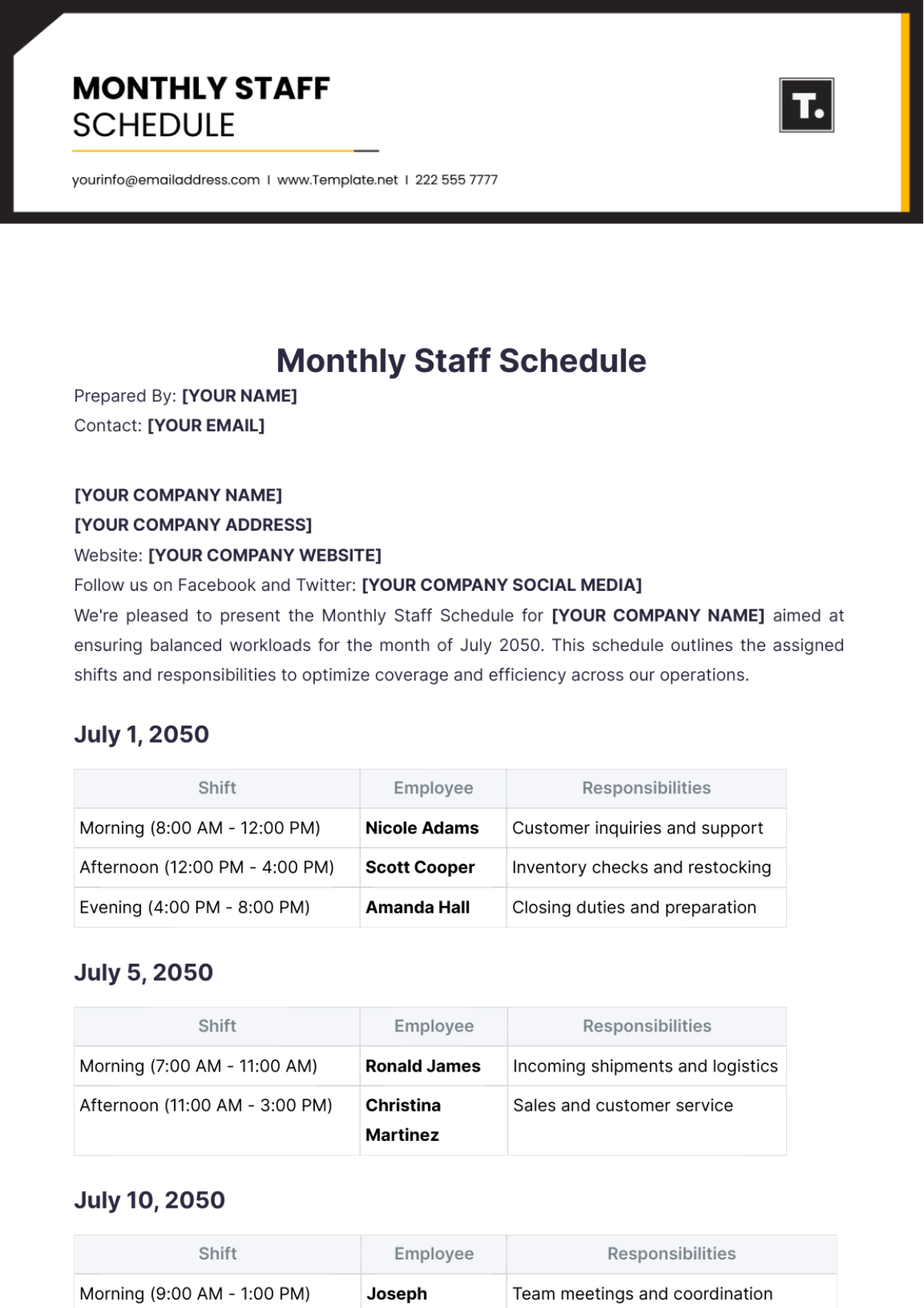 Monthly Staff Schedule Template - Edit Online & Download