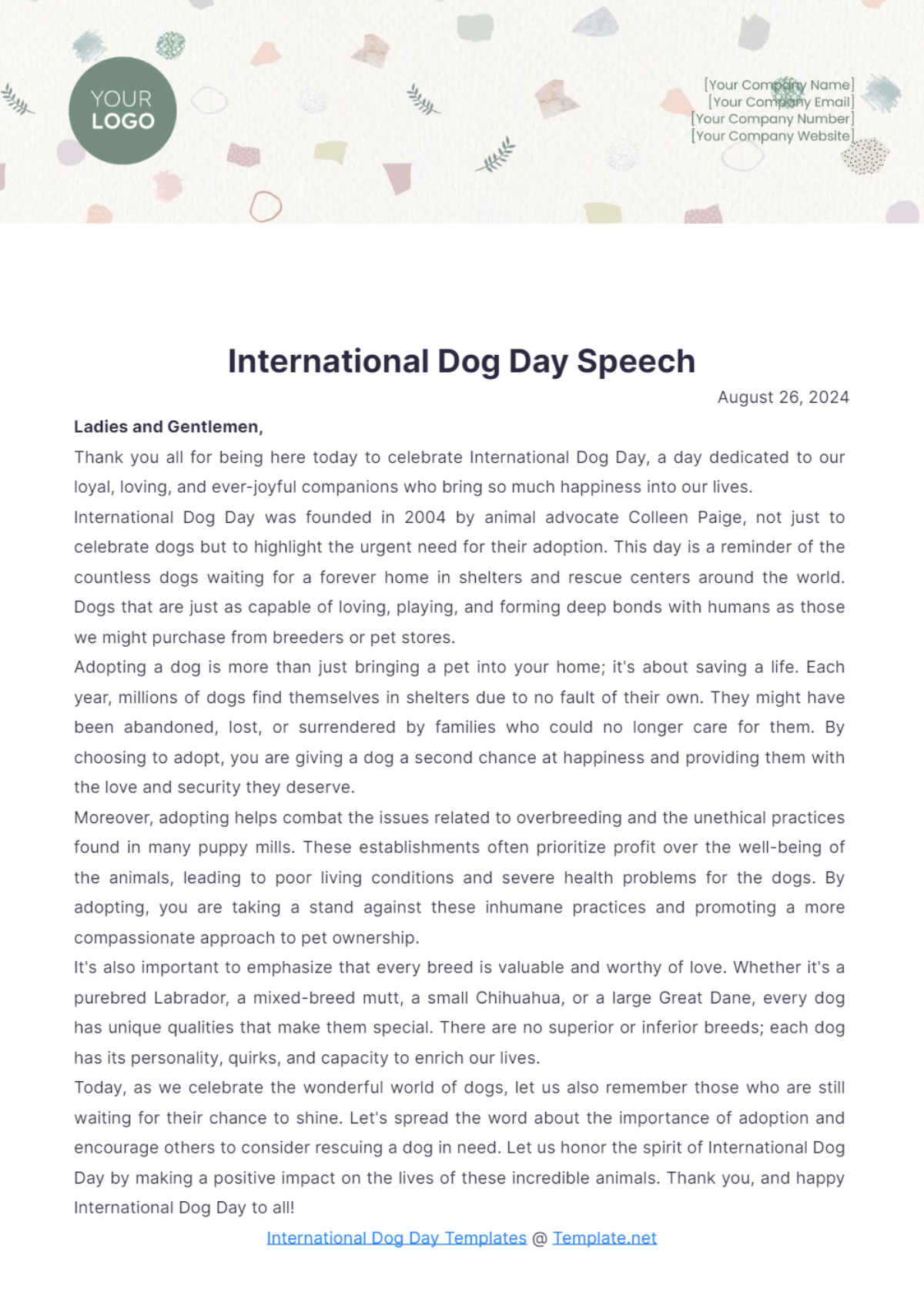 International Dog Day Speech Template - Edit Online & Download