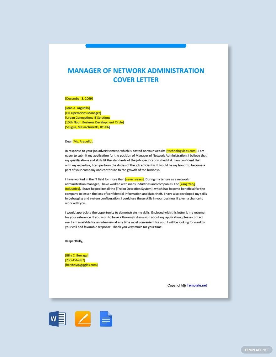 Manager of Network Administration Cover Letter Template