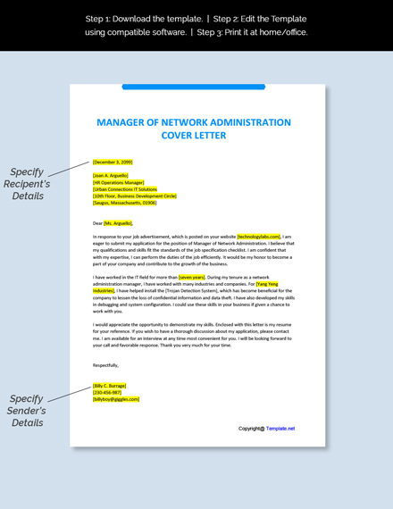 Manager of Network Administration Cover Letter Template