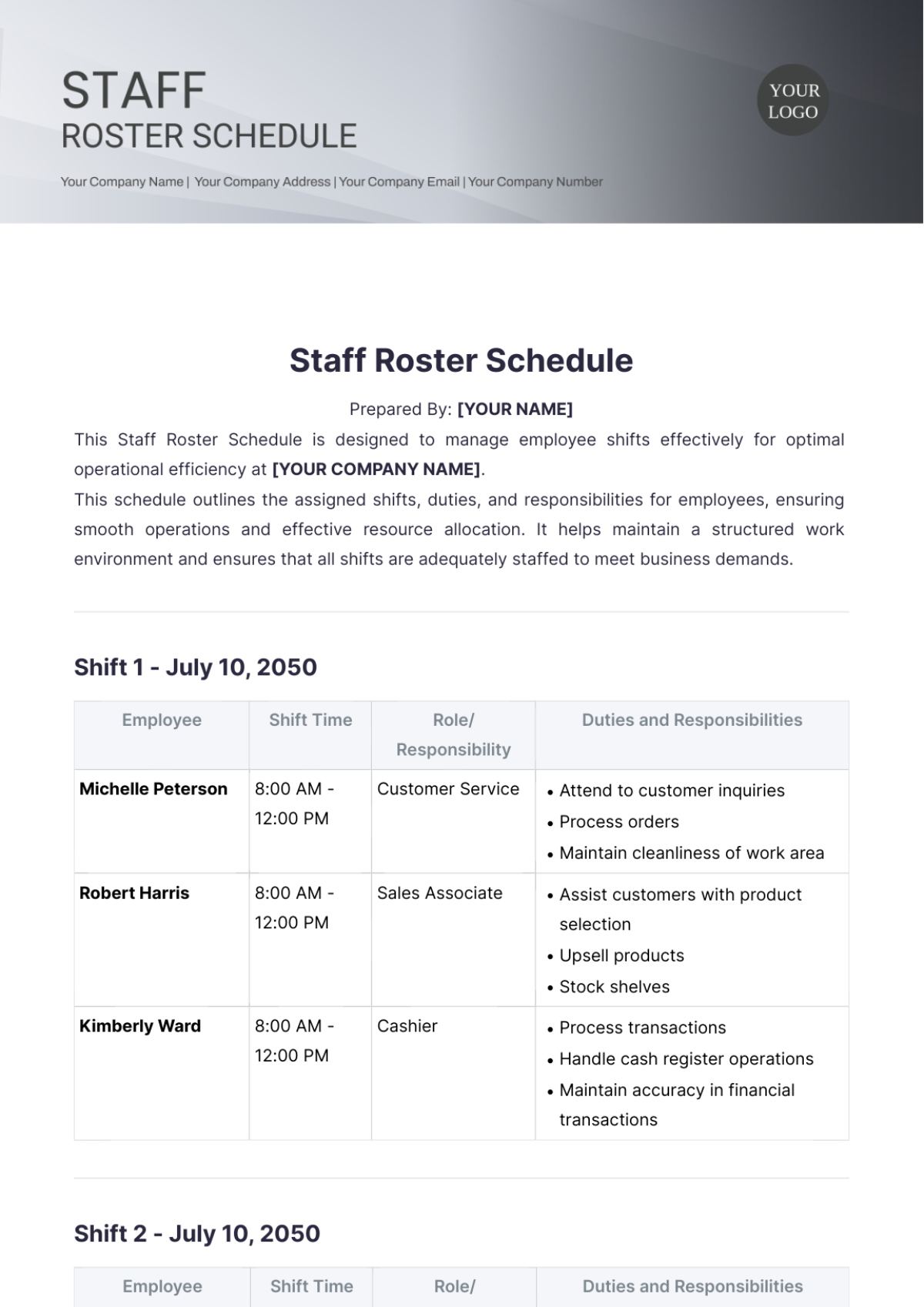 Staff Roster Schedule Template - Edit Online & Download