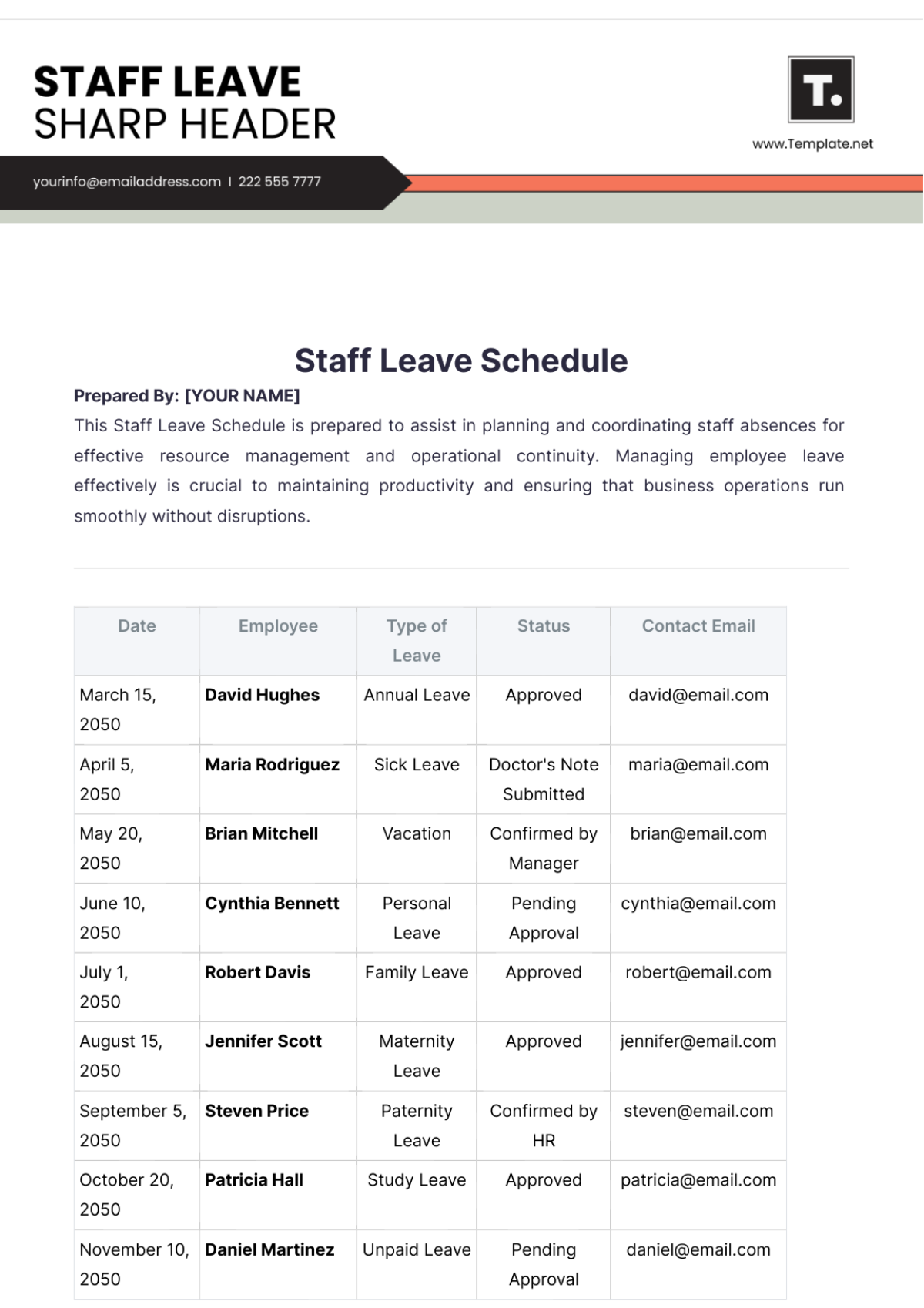 Staff Leave Schedule Template - Edit Online & Download