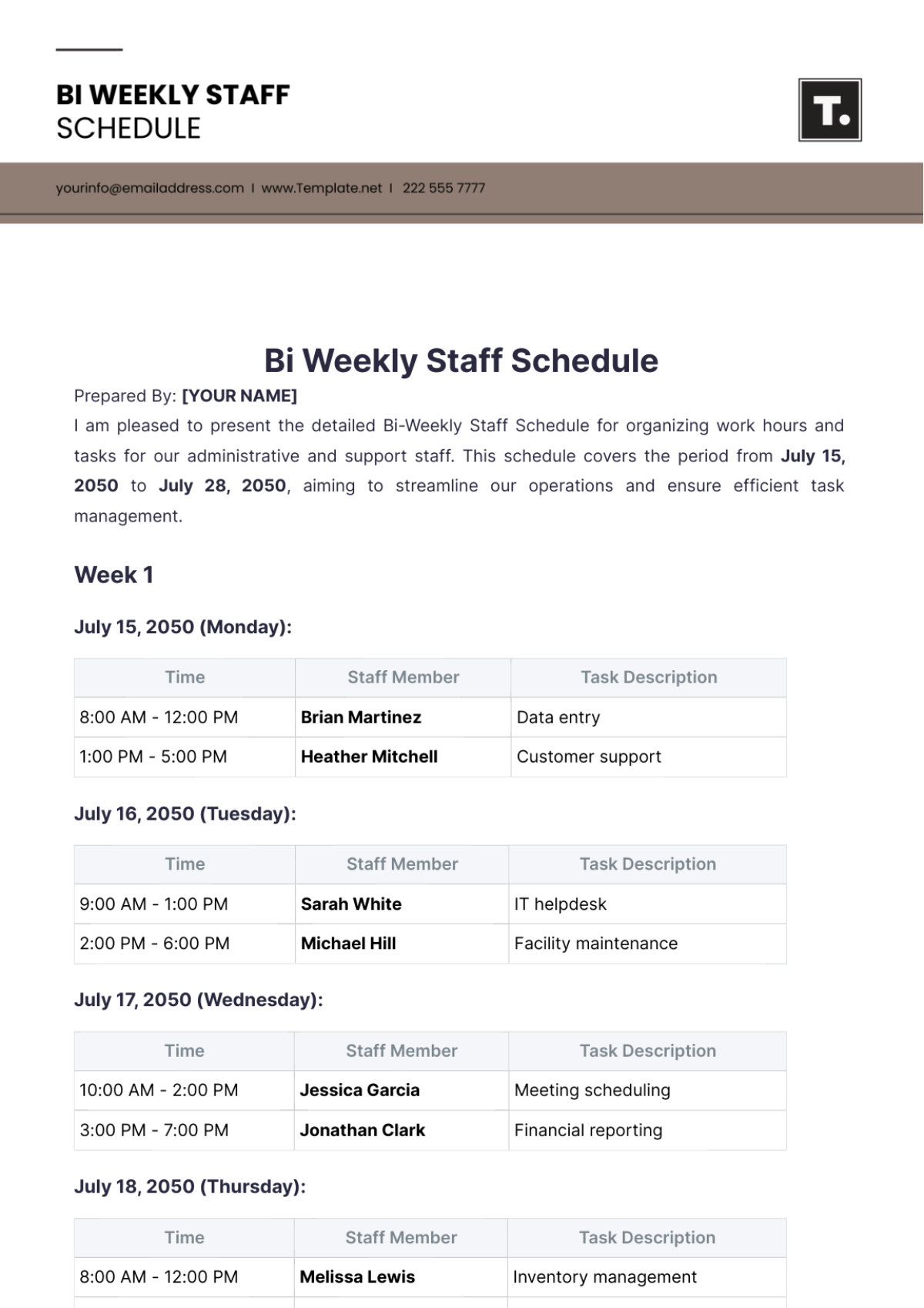 Bi Weekly Staff Schedule Template - Edit Online & Download