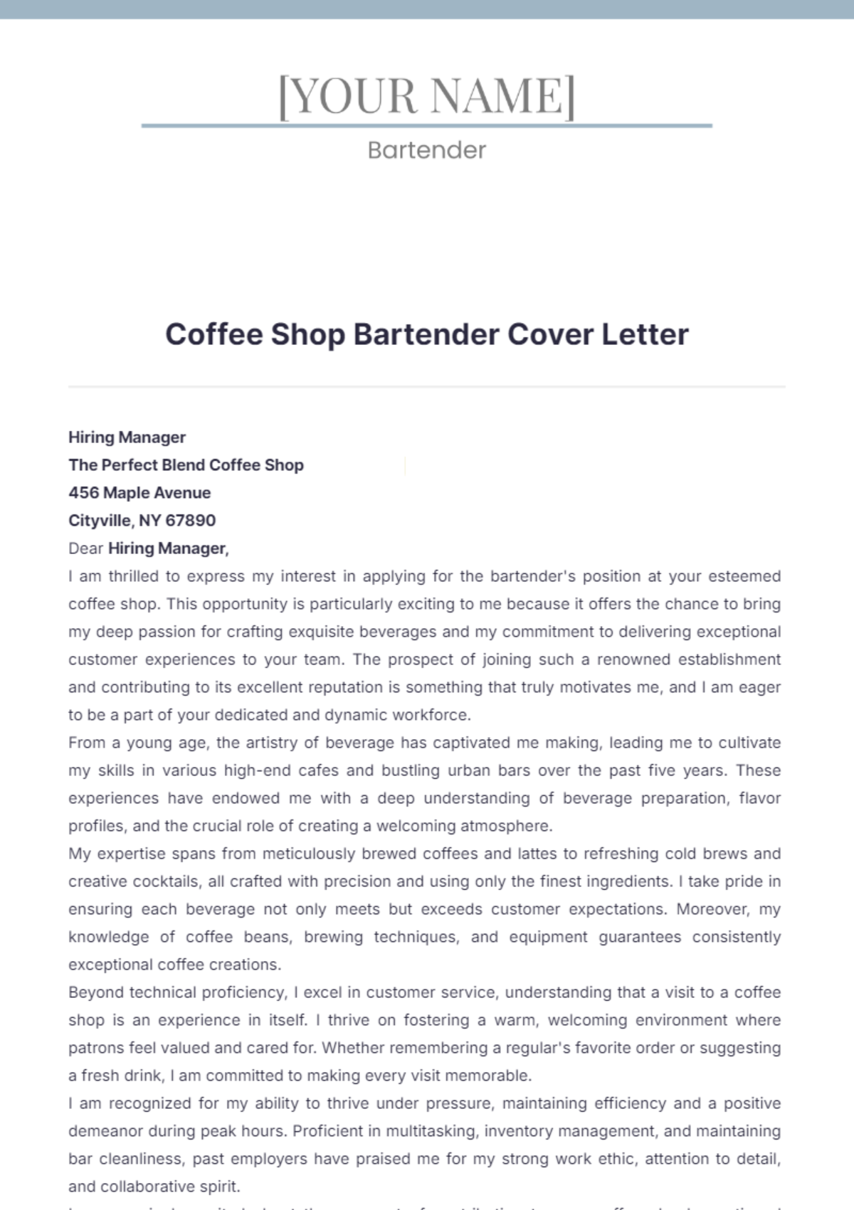 Coffee Shop Bartender Cover Letter