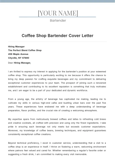 Free Coffee Shop Bartender Cover Letter to Edit Online