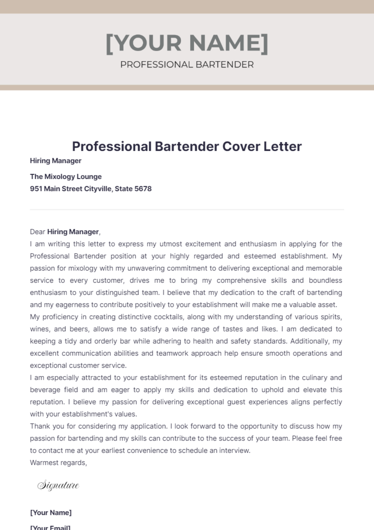 Professional Bartender Cover Letter