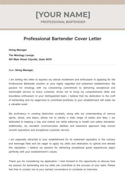 Free Professional Bartender Cover Letter to Edit Online