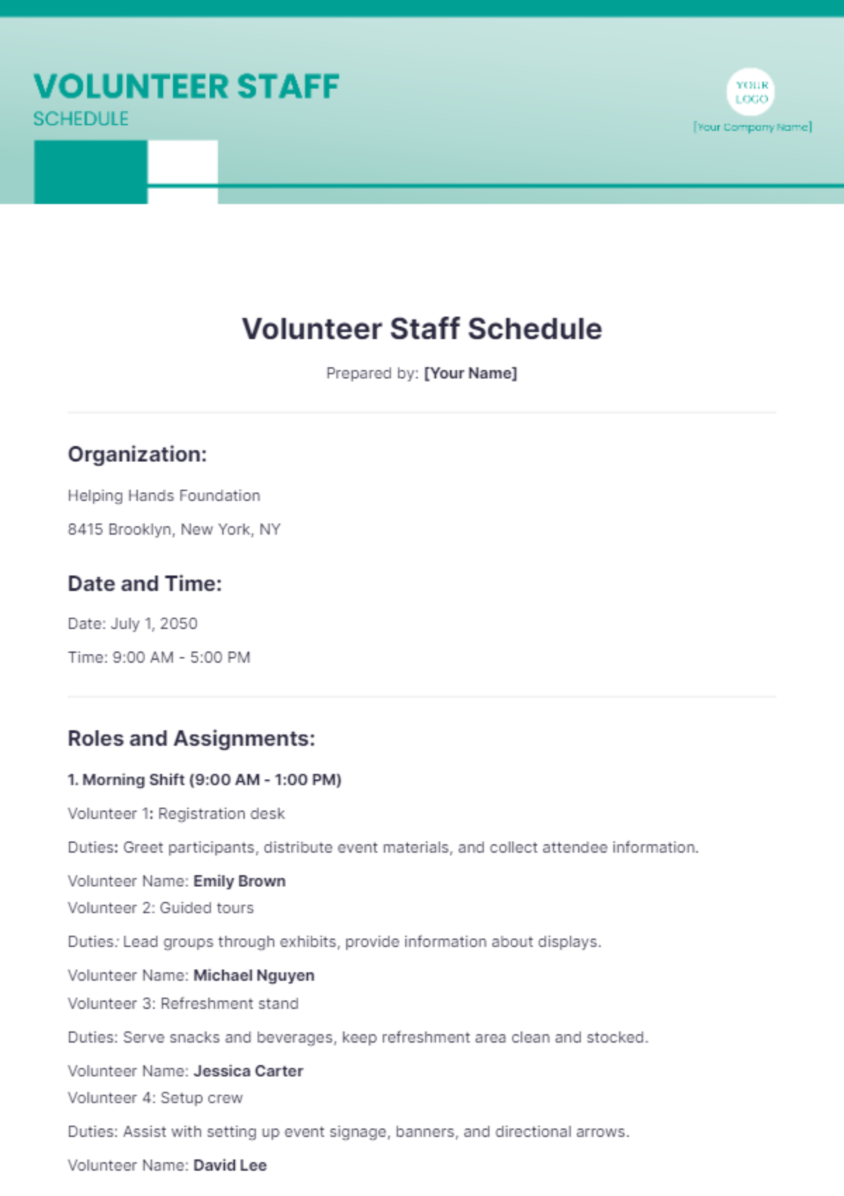 Volunteer Staff Schedule Template - Edit Online & Download