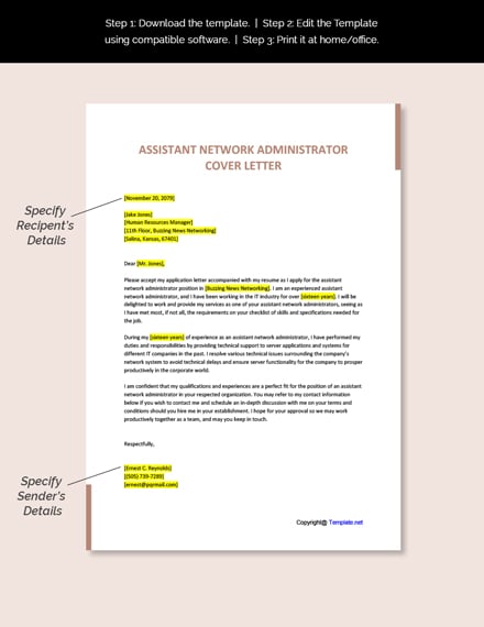 Assistant Network Administrator Cover Letter Template