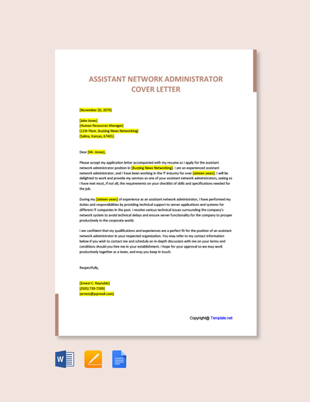 Assistant Network Administrator Cover Letter 