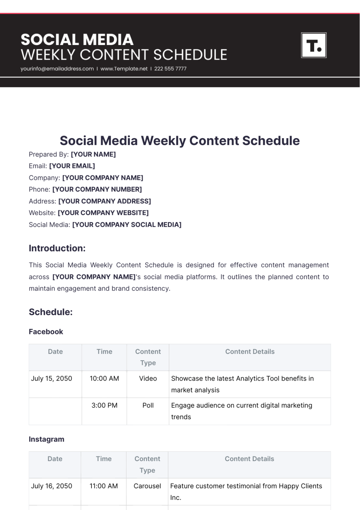 Social Media Weekly Content Schedule Template - Edit Online & Download