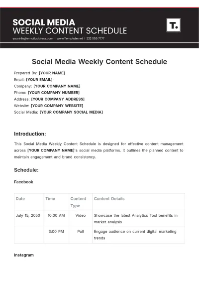 Free Social Media Weekly Content Schedule Template to Edit Online